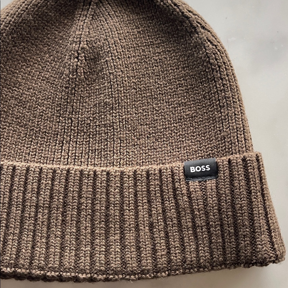 HUGO BOSS Mens Ribbed Brown Knit Cuff Beanie - Picture 3 of 5
